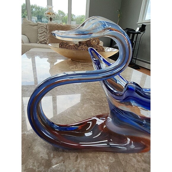 Large Glass Swan, Blue, Brown, White Base - Picture 3 of 6